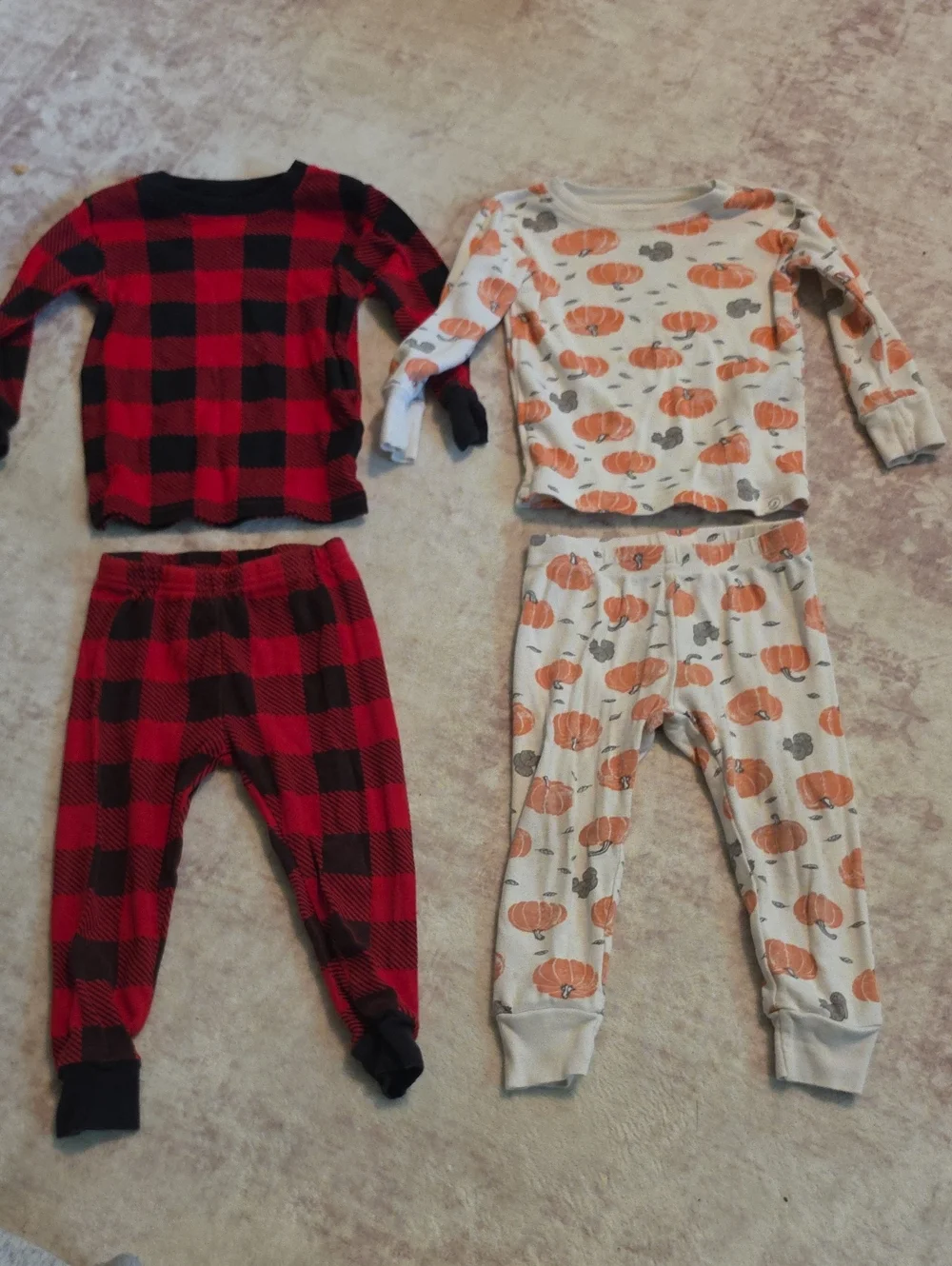 Kids Cozy 2-Pack Pajama Sets - Red Buffalo Plaid & Cream Pumpkin